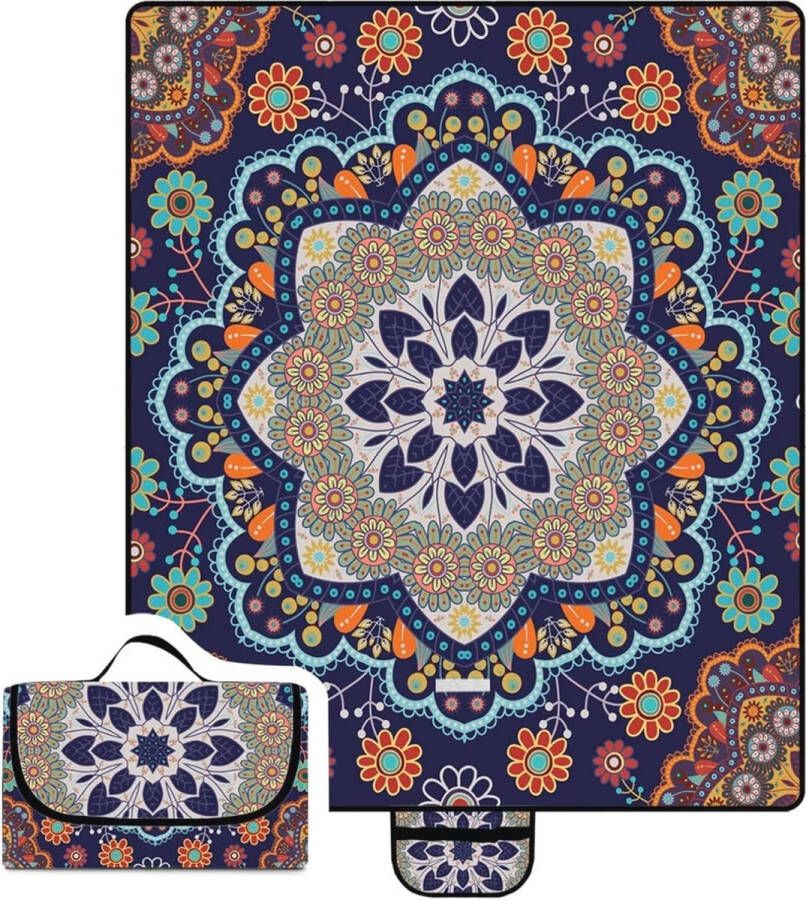 Grote Donkerblauwe Mandala Picknickdeken 200x300cm Waterdichte en Machinewasbare Picknickmat voor Kamperen en Strand
