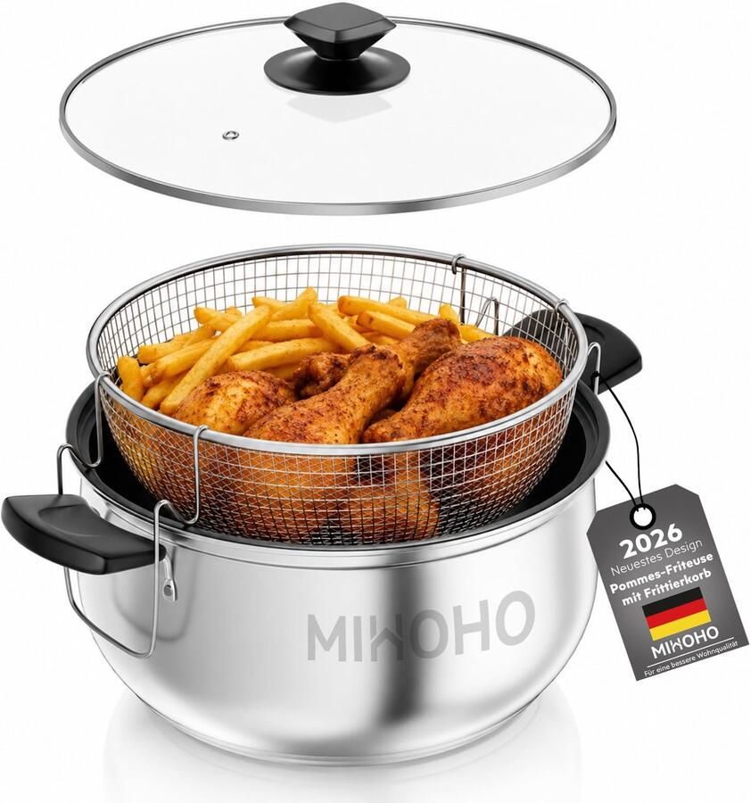 Grote frituurpan met frituurmand en deksel frituren en asperges 5 liter inhoud geschikt voor inductie inclusief zeef zonder PFAS kras- en snijbestendig (zilver A)