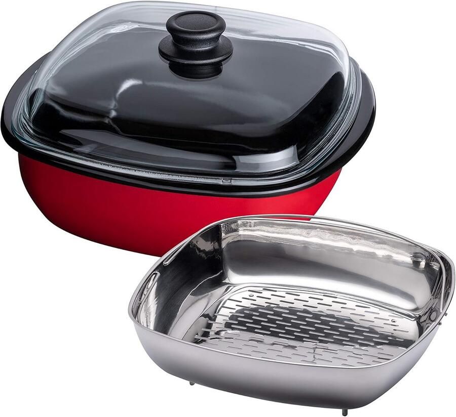 Grote Geëmailleerde Stoompan met Glazen Deksel en Inzetstuk voor Gezond Koken