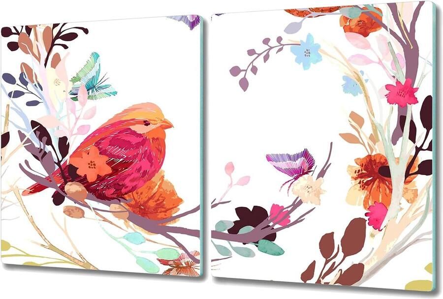 Grote Glas Plaat 80x52cm Hittebestendige Deksel voor Kookplaat & Snijplank Antislip Achterwand met Vogelprint