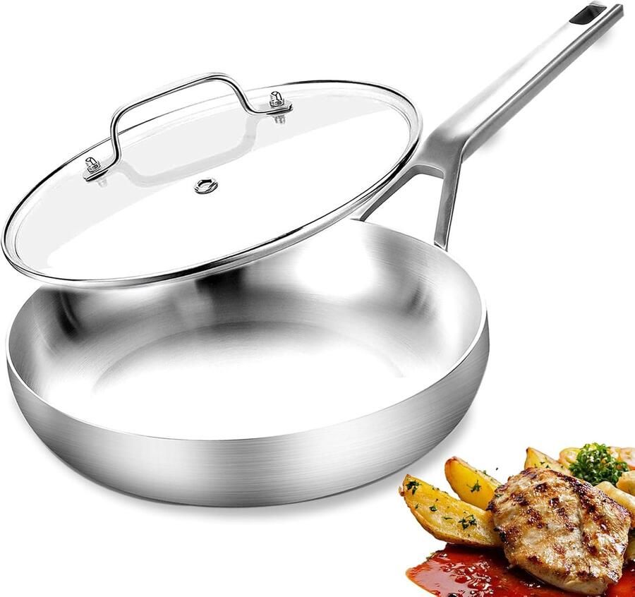 Grote Koekenpan 30 cm RVS met Deksel Inductie Geschikt voor Oven en Vaatwasser