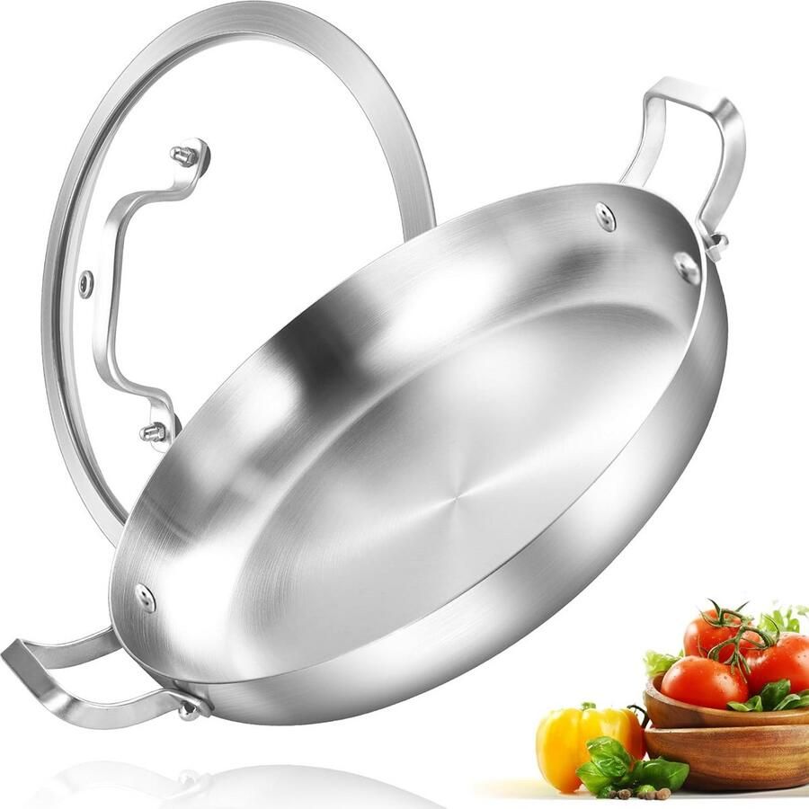 Grote Paella Pan 33 cm RVS Drielaags met Deksel Geschikt voor Inductie