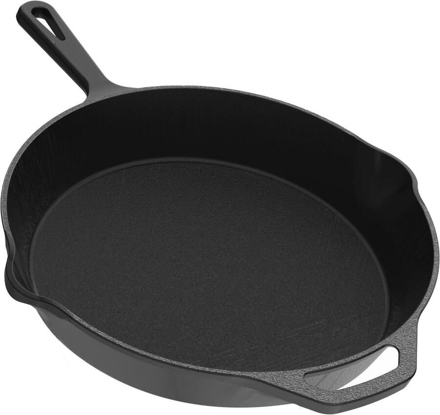 Grote platte pan van gietijzer 30 cm gelijkmatige warmteverdeling robuust en duurzaam voor binnen en buiten koken