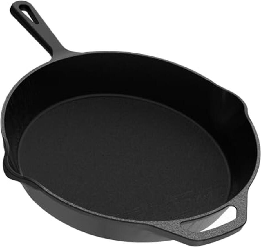 Grote platte pan van gietijzer 30 cm gelijkmatige warmteverdeling robuust en duurzaam voor binnen en buiten koken