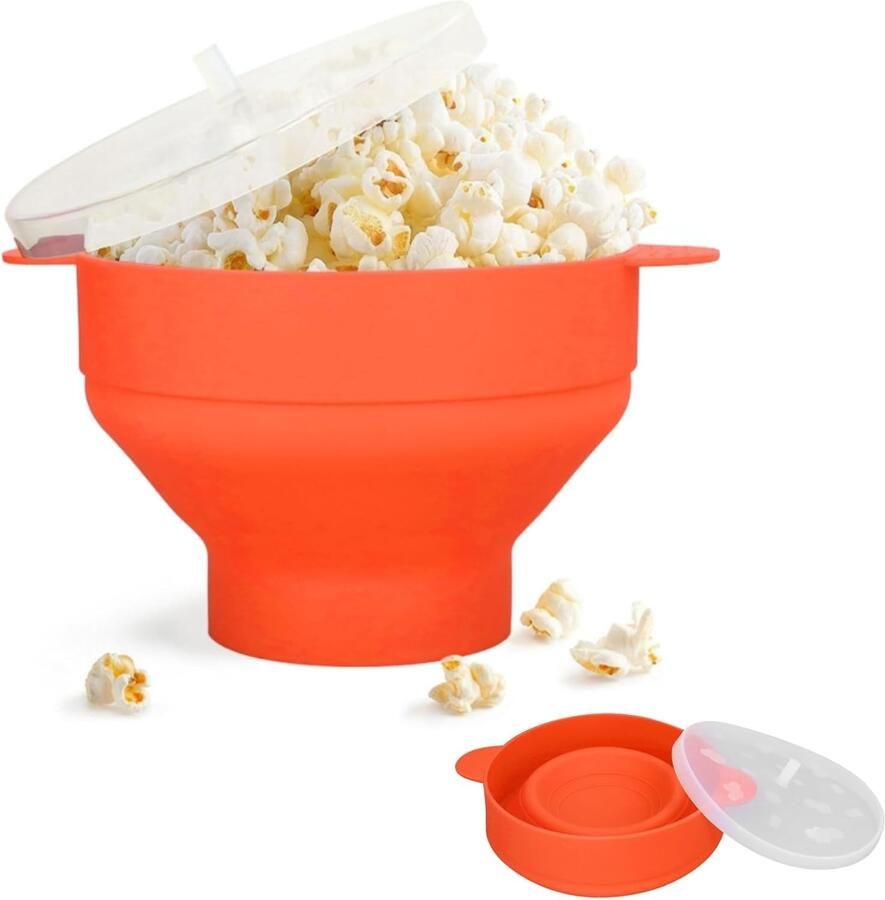 Grote Popcorn Maker Oranje Vaatwasmachinebestendig Siliconen Opvouwbare Kom met Deksel en Handvat