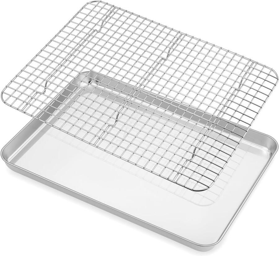 Grote roestvrijstalen bakplaat met koele rack rechthoekige ovenplaat voor taarten 40.5 x 30.5 x 2.5 cm vaatwasmachinebestendig en duurzaam ideaal voor bakken en grillen