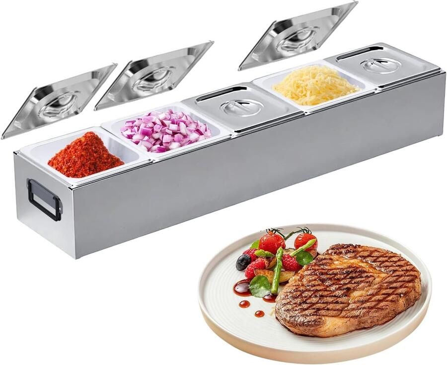 Grote roestvrijstalen container met 5 vakken voor pizza-ingrediënten ideaal voor catering keuken en buffet perfect voor saladebar en voedselopslag