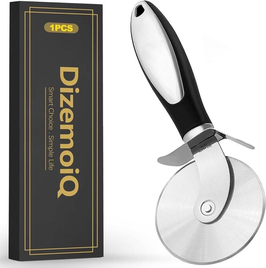 Grote roestvrijstalen pizzasnijder met scherpe snijkant en ergonomische greep voor perfect pizzadeeg en flambées