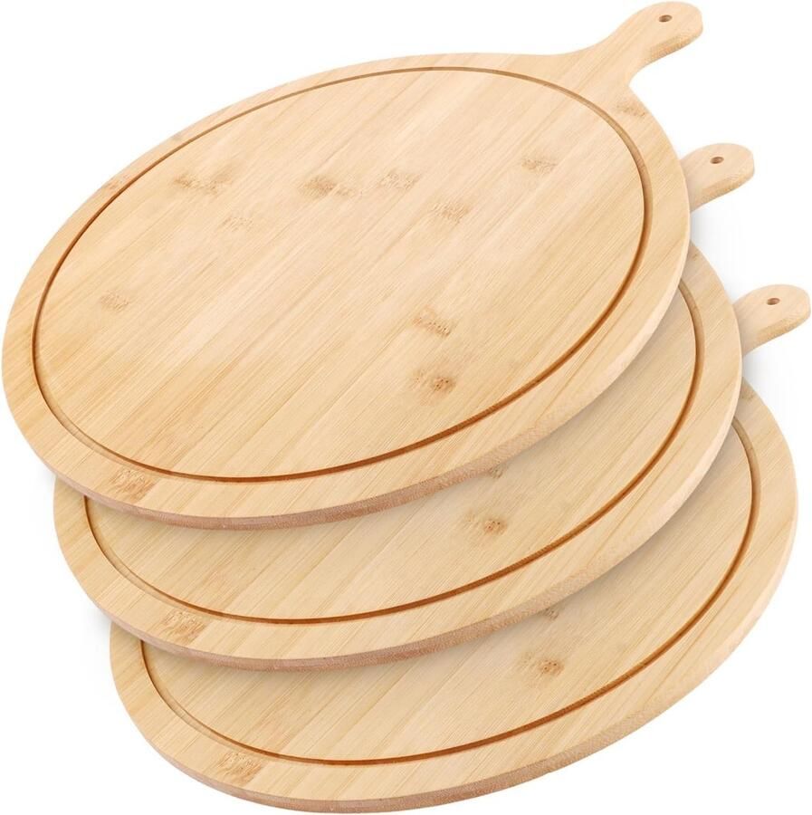 Grote ronde houten pizza borden set van 3 met handvat 33 cm ideaal voor snijden en serveren van pizza perfect voor keuken en restaurant
