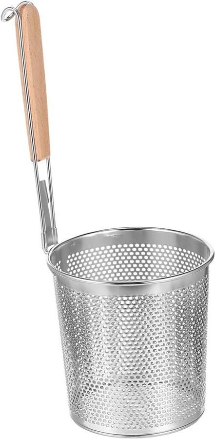 Grote ronde roestvrijstalen wokzeef met houten handvat voor het koken van Udon en Ramen 14 cm ideaal voor het afgieten en roosteren van ingrediënten