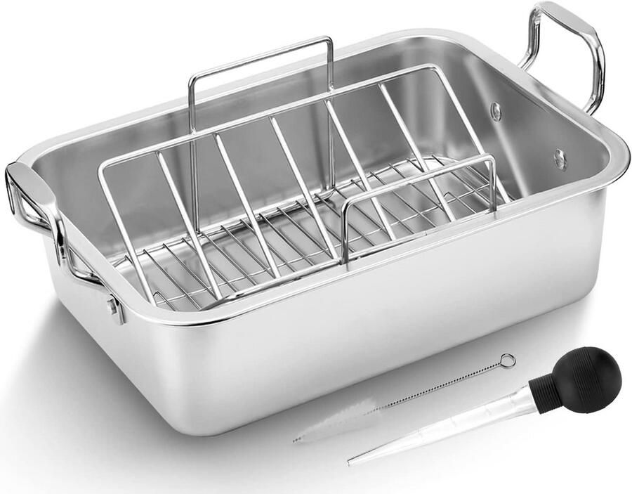 Grote RVS Braadpan met Bakrek voor Kalkoen Kip of Ham Oven Bestendig