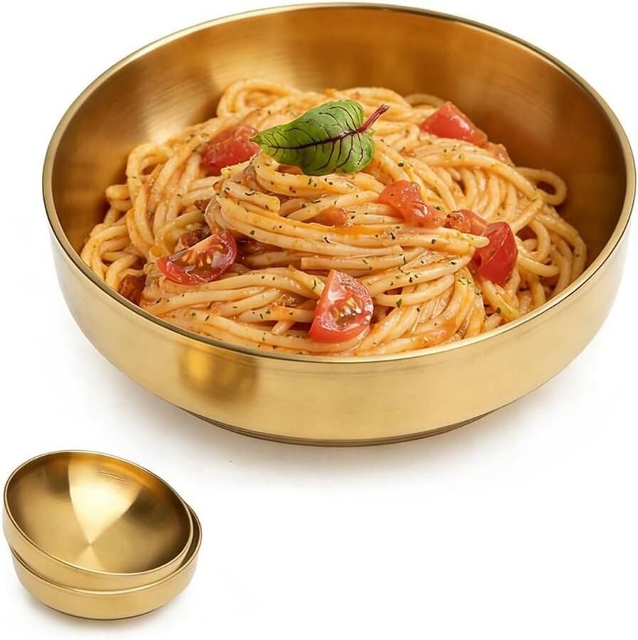 Grote RVS Saladeschaal Set van 2 1800ml Dubbele Wand Warmte-isolerend en Vuurvast voor Soep en Salades Goudkleurig