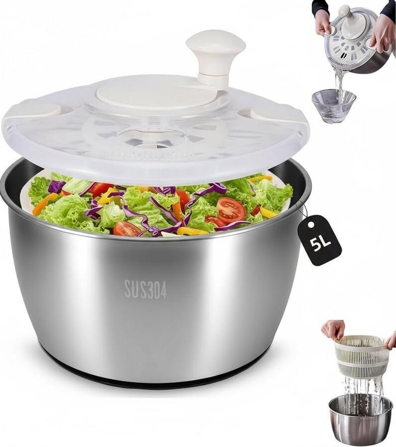 Grote Salade Centrifuge RVS 5 Liter Groente Droger en Slakom
