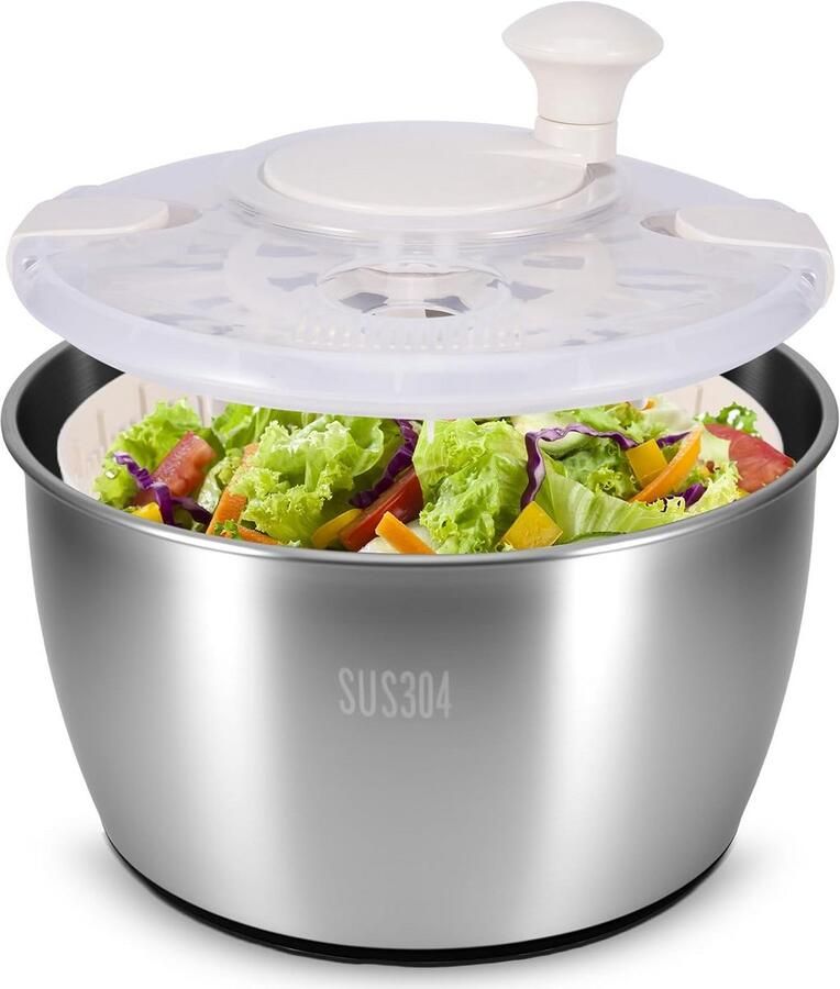 Grote SaladeCentrifuge van Roestvrij Staal 5 Liter Handmatig Drogen en Wassen