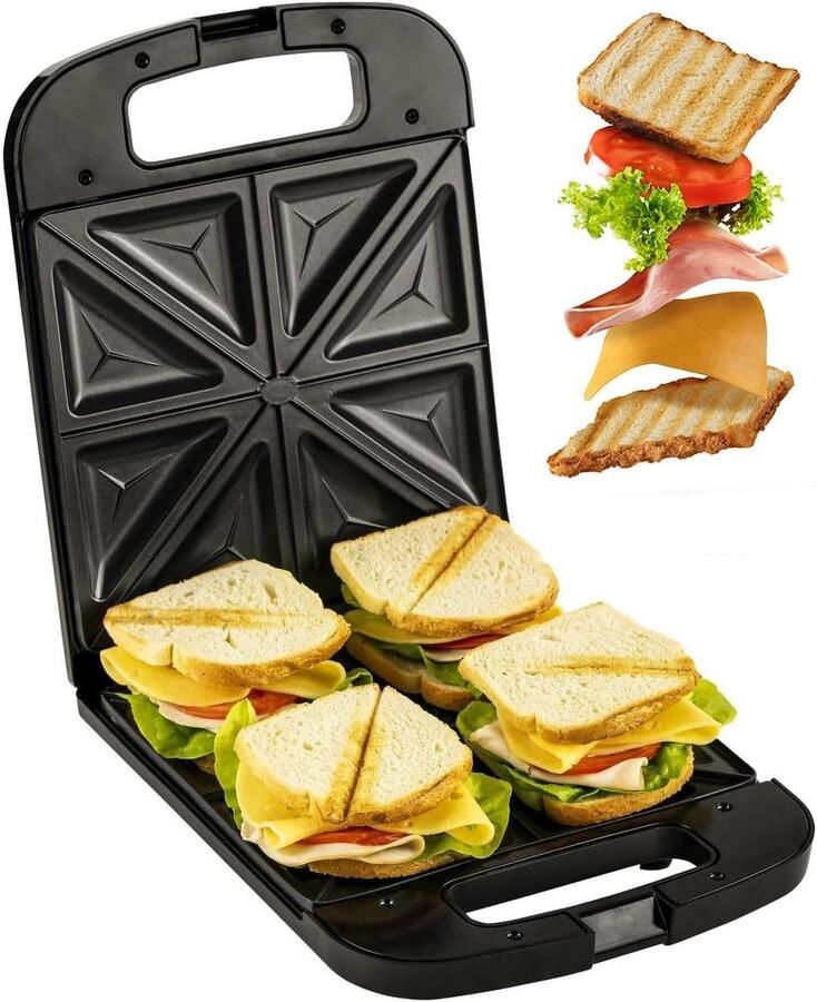 Grote Sandwichmaker XXL 2000 W Rooster voor 4 Sandwiches met Vuurvaste Handgreep Zwart