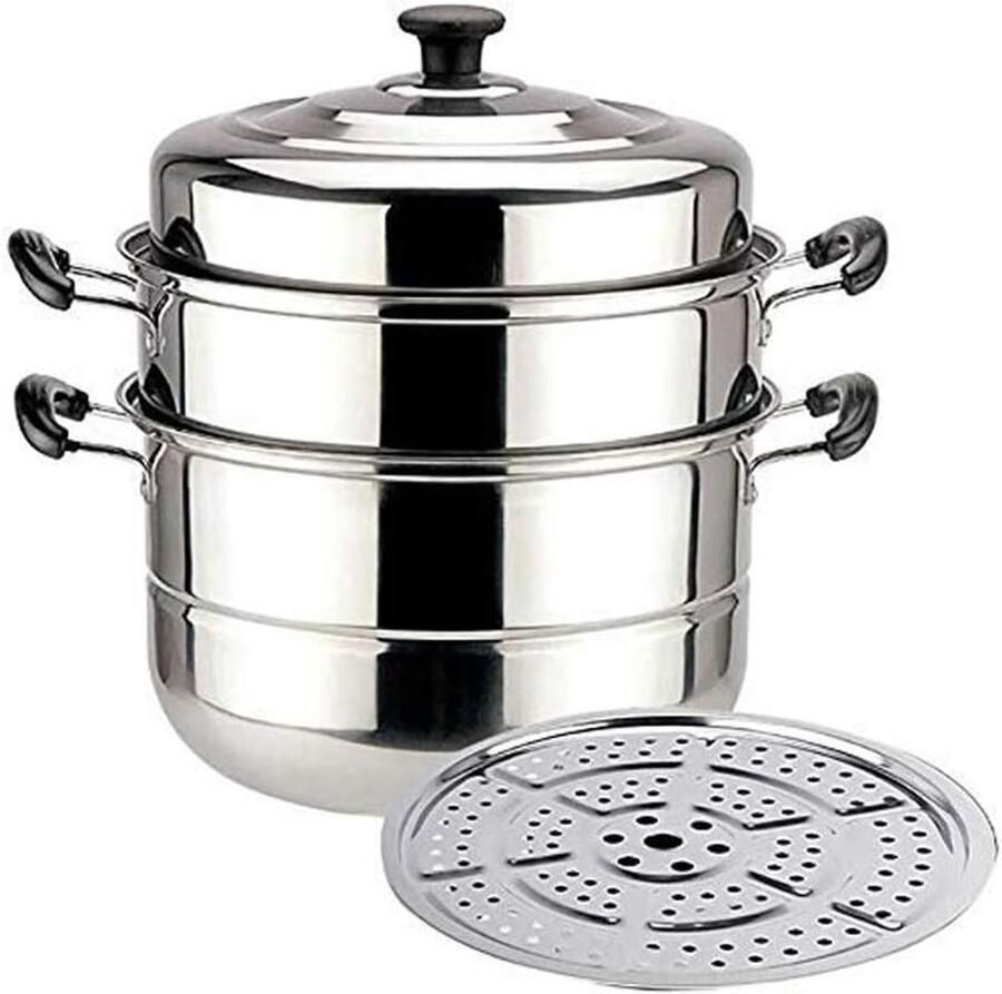 Grote Stoompan Stoomkoker RVS Gezond Koken Antislip Houten Handvat 30cm Diameter Zilverkleurig