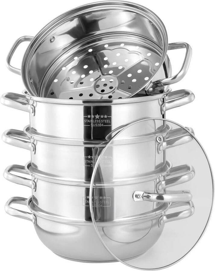 Grote Stoompan van 28 cm in RVS met Vijf Lagen en Glazen Deksel
