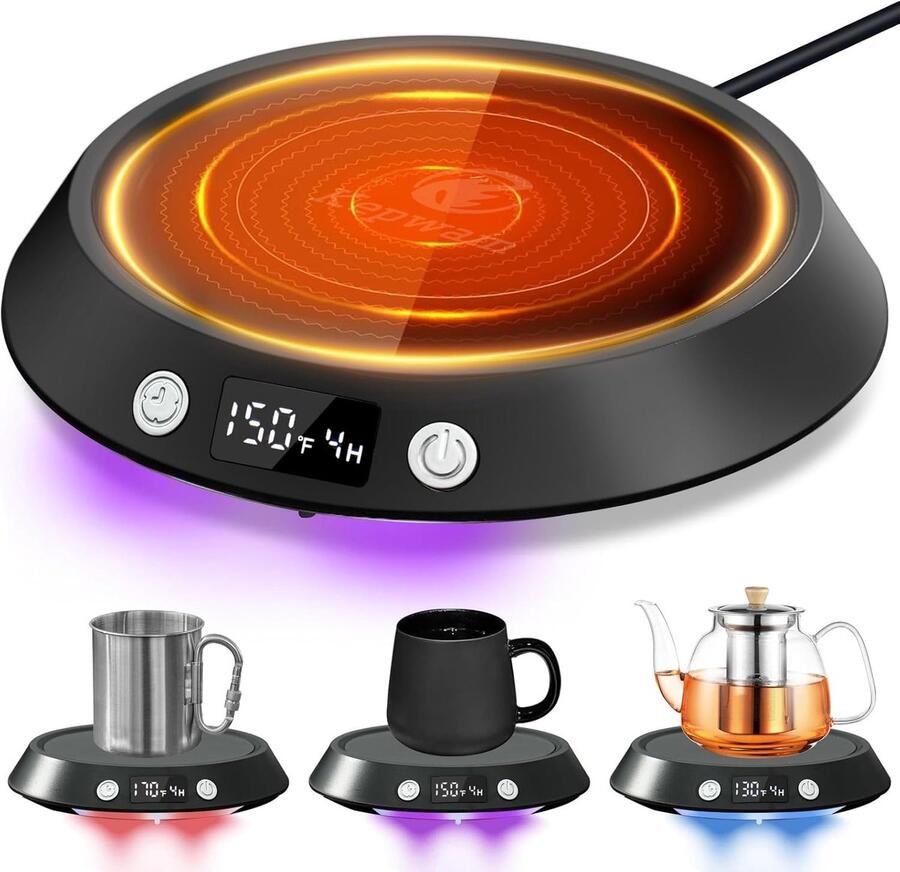 Warmhoudplaat Kop warmer Dranken warm houden Instelbare temperatuur 12 cm diameter Zwart
