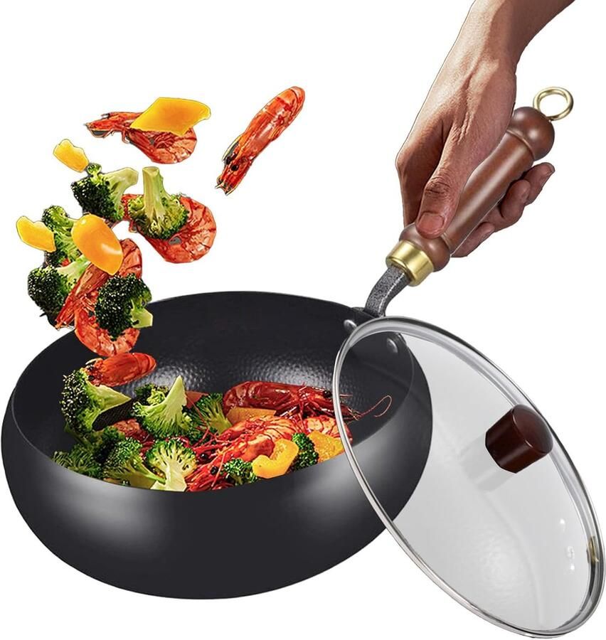 Grote wokpan IJzeren koekenpan Koken en bakken Hittebestendig anti-aanbak 24cm Zwart