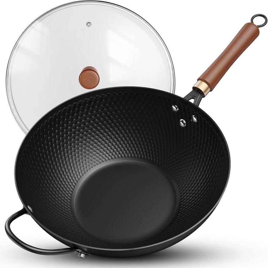 Grote Wokpan met Deksel 33 cm Koolstofstaal Geschikt voor Alle Fornuizen Inclusief Inductie