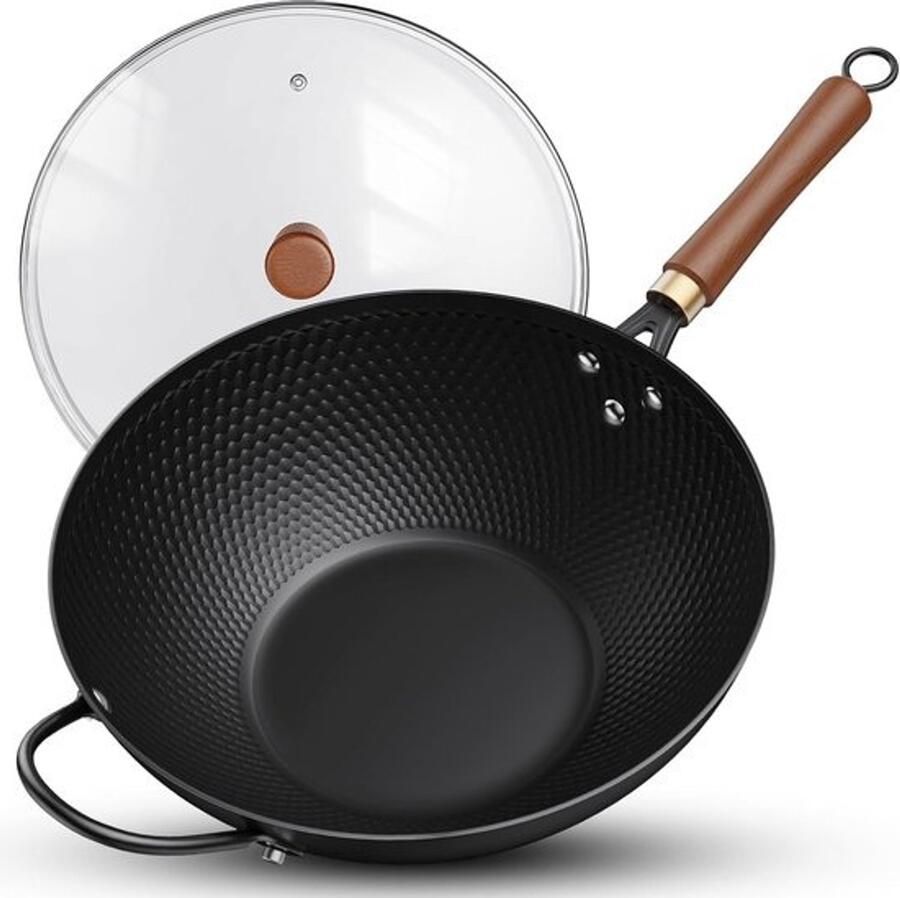Grote wokpan met deksel 33 cm koolstofstaal voor alle fornuizen ook inductie