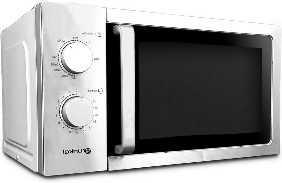 Grunkel Magnetron van roestvrij staal met een inhoud van 20 l en 5 standen MW-20INOX ontdooifunctie en timer tot 35 minuten. Roestvrij staal 700 W