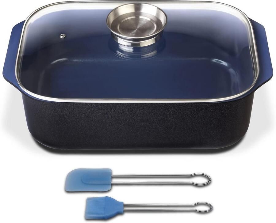 GSW 800419 Ceramica kobaltblauw inductie rechthoekige braadpan met aroma-glazen deksel 40x26x11cm ca. 8 0 liter incl. bakborstelset 2-delig gegoten aluminium zwart blauw 40 cm 4-eenheden