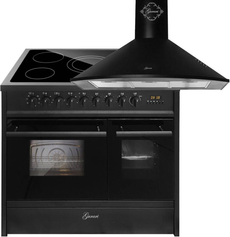 GURARI Elektrisch fornuis GCH E 912 DF BL Keramische kookplaat 90 cm+GCH 046 Bl 9 Dsigner Afzuigkap 90 cm