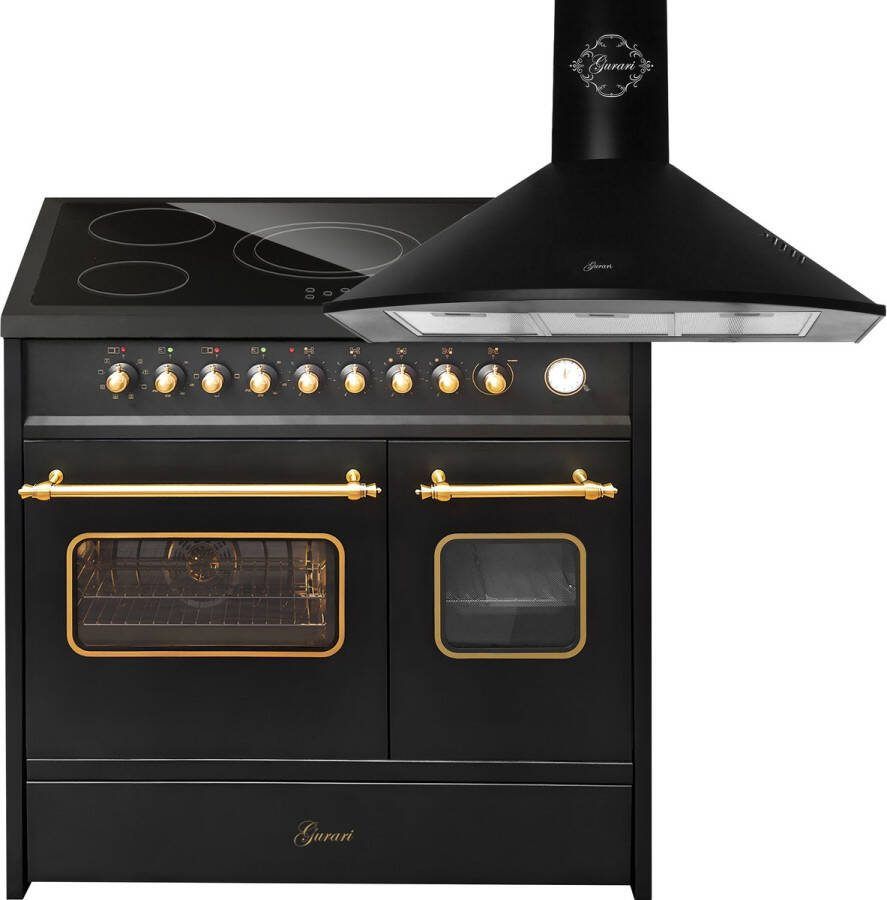 GURARI Elektrisch fornuis GCH E 912 DF BL r Keramische kookplaat 90 cm+GCH 046 Bl 9 Dsigner Afzuigkap 90 cm