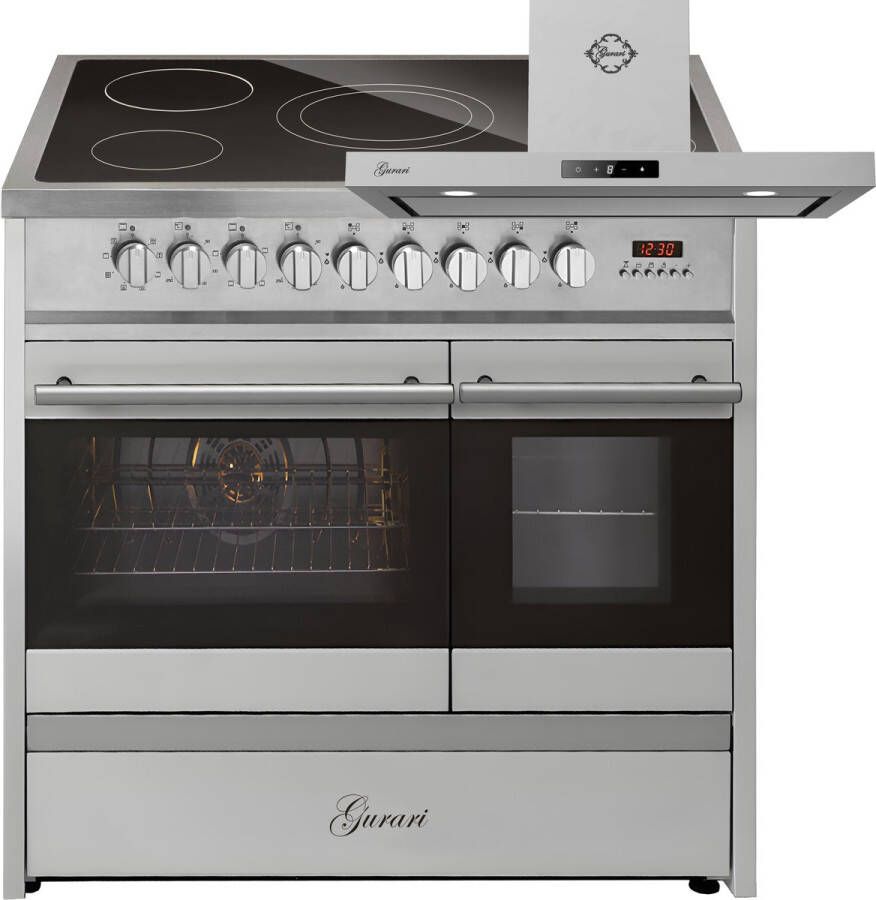 GURARI Elektrisch fornuis GCH E 912 DF X Keramische kookplaat 90 cm+CH 5001 Afzuigkap 90 cm