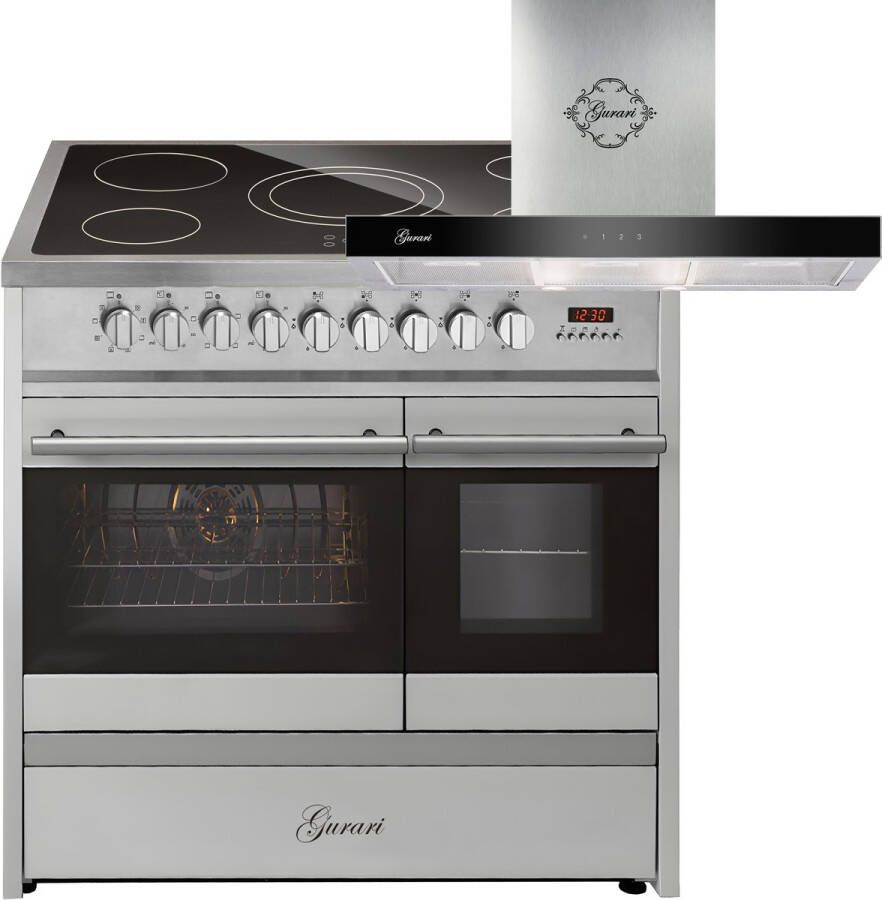 GURARI Elektrisch fornuis GCH E 912 DF X Keramische kookplaat 90 cm GCH 462 IS 9 Prime Afzuigkap set fornuis kookplaat afzuigkap