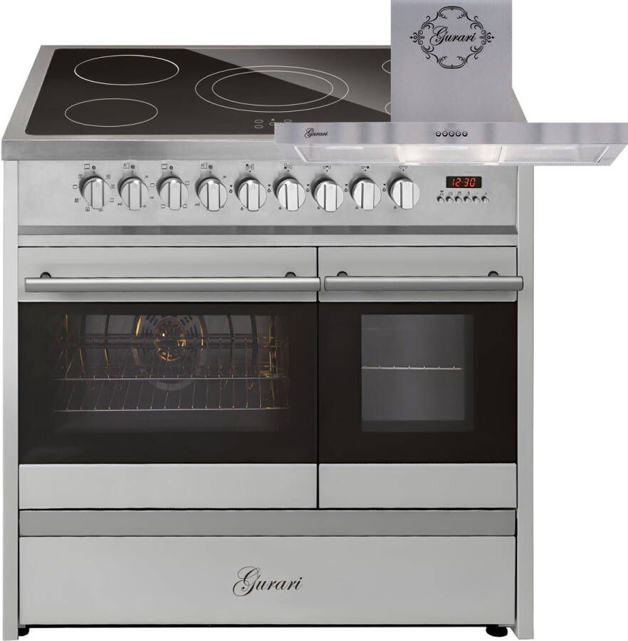 GURARI Elektrisch fornuis GCH E 912 DF X Keramische kookplaat 90 cm+GCH F 461 IS 90 roestvrijstalen Afzuigkap 90 cm