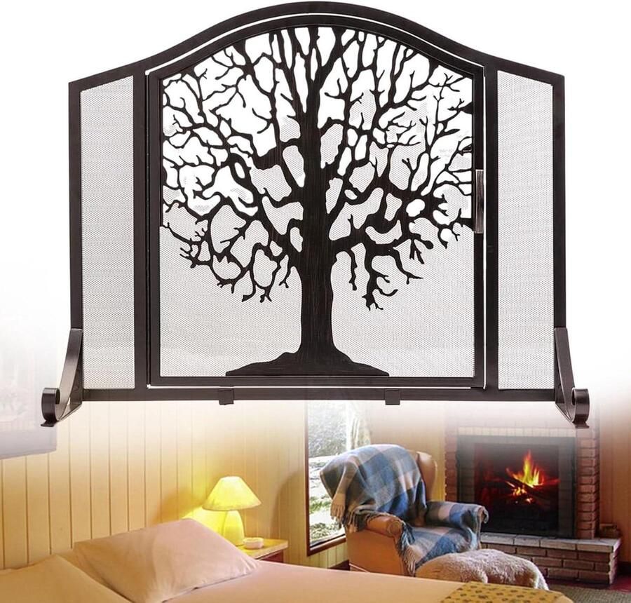 Haardscherm met deuren Vonkenvanger oven Veilig vuur genieten Magnetische sluiting 96 x 76 cm Zwart