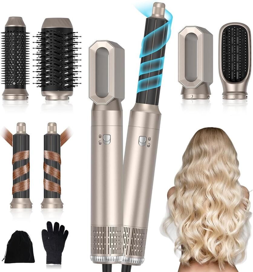 Haarstyler 6-in-1 Air Styler Set Pro Haarstyler met ronde borstel-föhn Air Curler warme lucht-borstel föhnborstel haardroger gladmakende borstel voor krullen volume gladmaken föhnen