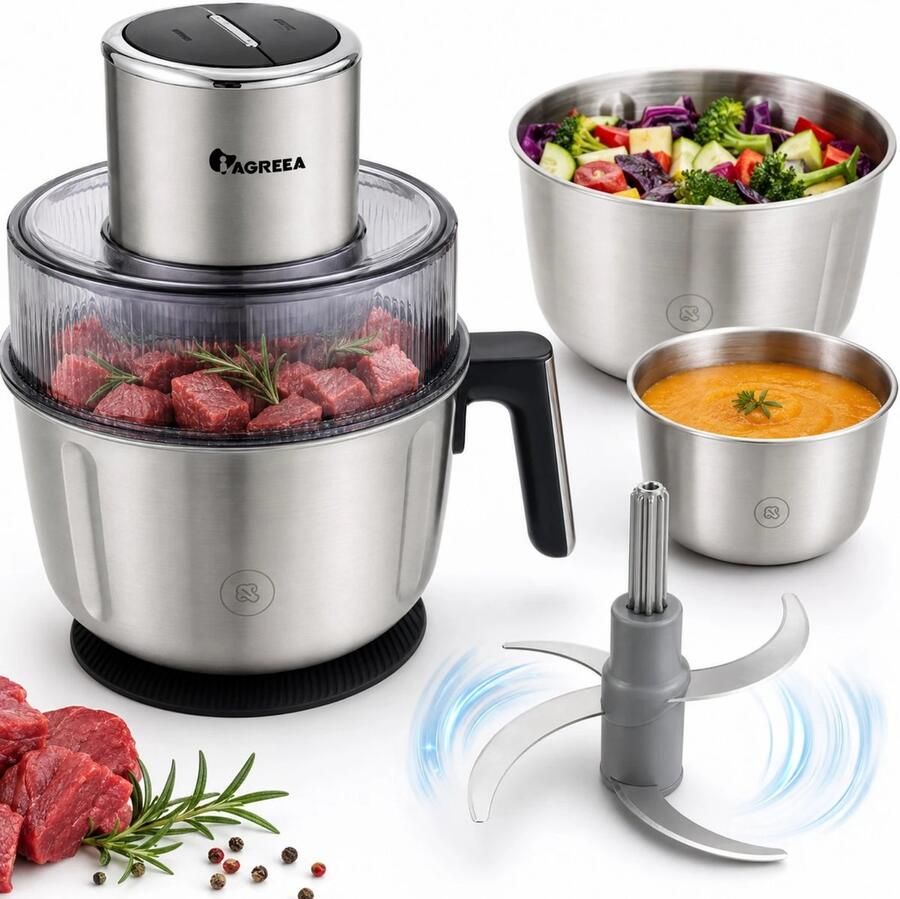 Elektrische Hakmolen 350W – Foodprocessor met 3 RVS Kommen – 2 Snelheden – 2 5L – Voor Vlees & Groenten
