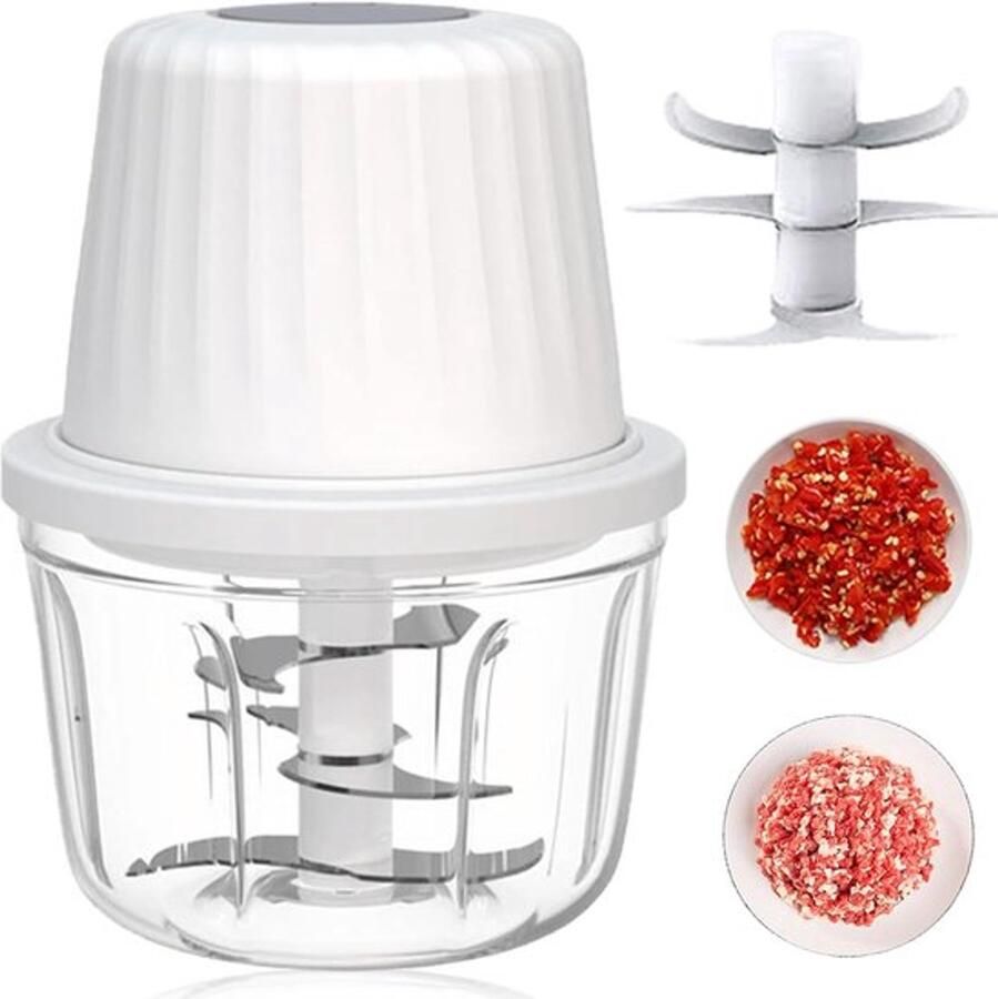 Hakmolen Elektrische USB 6 Messen -Food Processor Hakmolen elektrisch Vaatwasbestendig USB oplaadbaar Mini Portable Chopper Blender Keukenmachine Elektrische Hakmolen Uiensnijder Draadloze Knoflooksnijder -Wit- 400ml