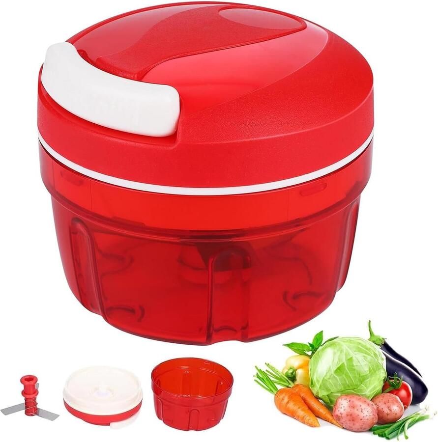 Hakmolen met Trekkoord 300 ml Uiensnijder Multifunctioneel Mini Hakker voor Groenten en Vlees RVS Messen Antislip Basis voor Keuken