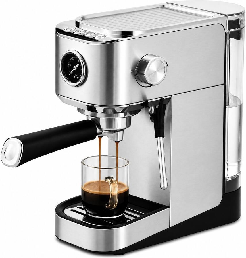 Halfautomatische Espressomachine 20 Bar – 0 9L Afneembaar Waterreservoir – Melkopschuimer – Manometer – Kopjeswarmer – RVS