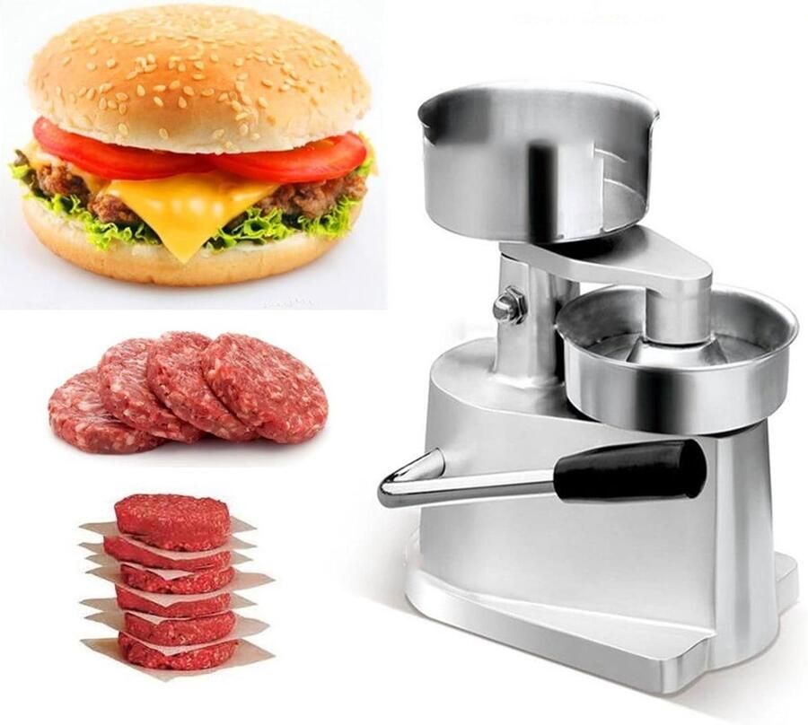 Hamburger Machine Vleespers Patty Commercieel Gebruik Heavy Duty Handmatig 100mm Diameter Zilver