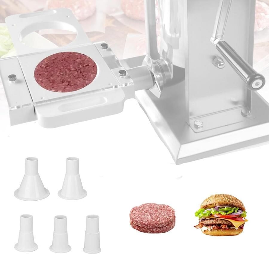 Hamburger Patty Maker met 5 Adapterbuizen en 2 Gaten voor Vleesmolen en Worstvuller