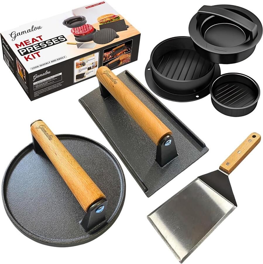 Hamburgerpers Gietijzer Burgerpers Set Burgers Grillen Antiaanbak Gietijzer 20.9 x 11.9 cm Zwart