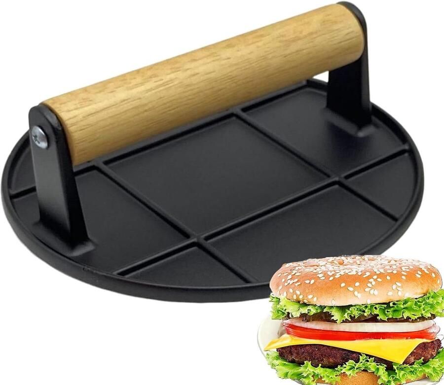 Hamburgerpers Gietijzer Grillpers Vleespers Hamburgers Grillen Gelijkmatige Gewichtverdeling 17 x 7.6 x 16.8 cm Zwart - Foto 1