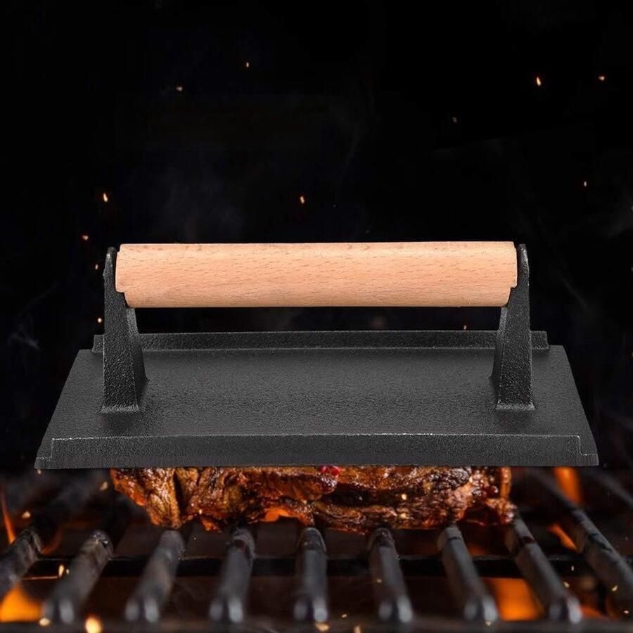 Hamburgerpers Steak Gewicht Vlees Grillen Houten Handvat 22 x 12 x 8 cm Zwart