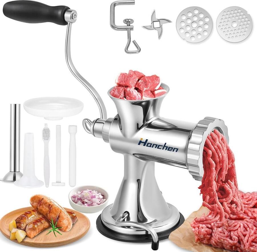 Hanchen Manual Vleesmolen roestvrij staal multifunctioneel voor thuis klysma vulling worst met zuignap snijplaten 4 5 mm 8 mm voor varkensvlees kip vis groenten 8 s