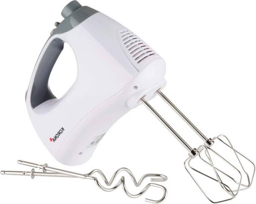 Hand Mixer with Extra Long Stirrers and Kneading Hooks 300 Watt Stainless Steel 5 Levels and Turbo White Grey