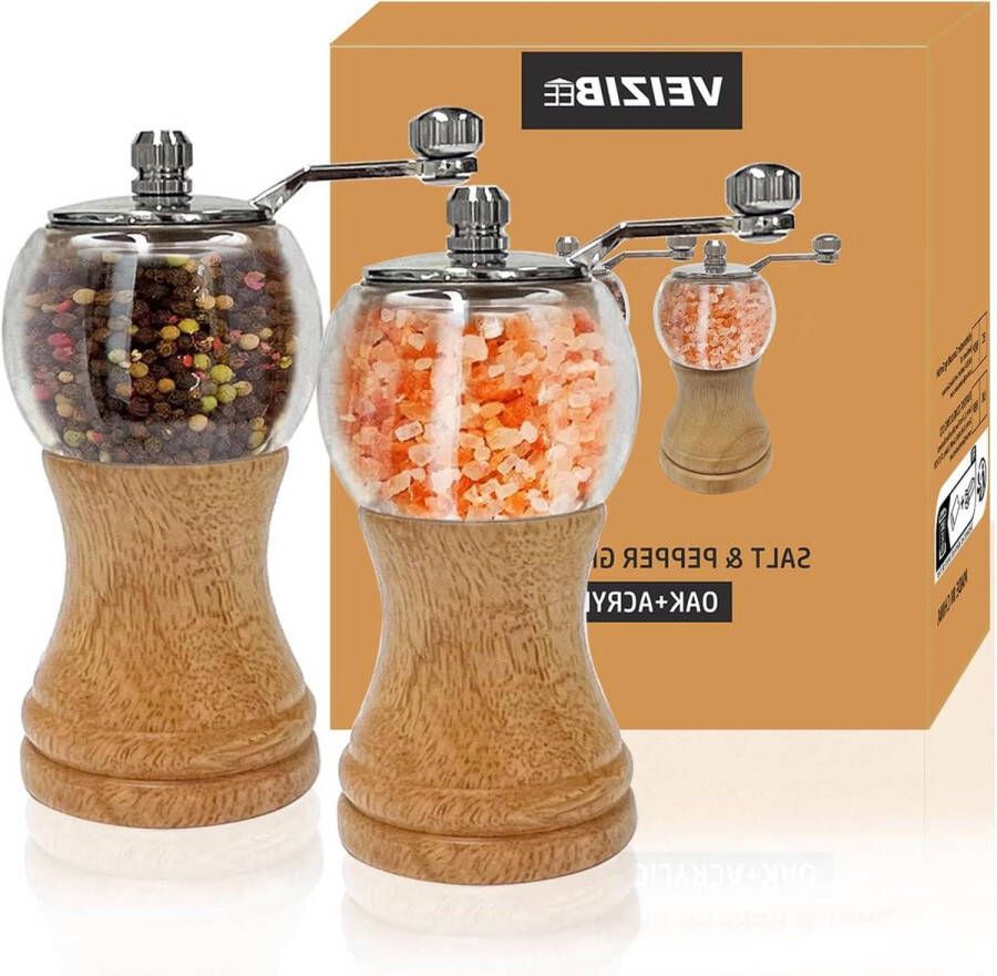 Hand Shake Houten Peper Grinder Set Keramische Blades Upgrade Metaal Handvat Verse Gemalen Peper Zeezout Kruiden