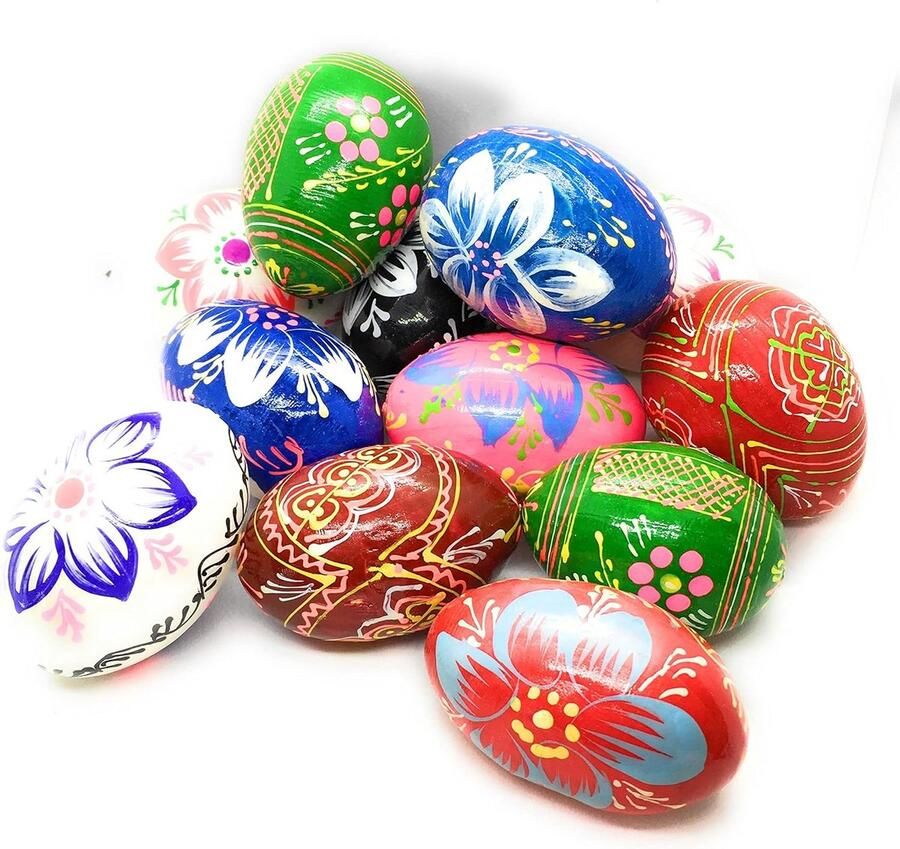 Handbeschilderde Houten Paaseieren 12 Stuks in Kleuren