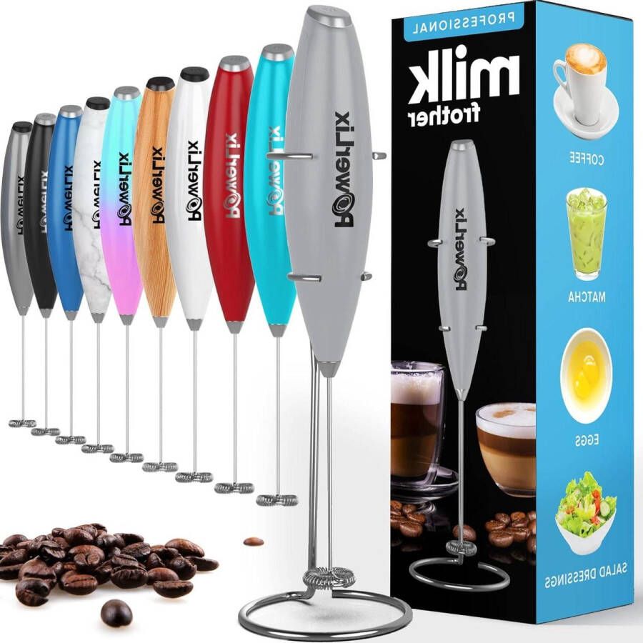 Handgarde melkopschuimer Elektrische melkopschuimer met roestvrijstalen standaard 15-20s krachtige 19000 tpm mini-drankmixer koffie-opschuimer voor latte cappuccino Grijs