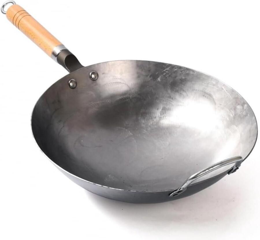 Handgehamerde IJzeren Wok Roerbakpan Gietijzer Traditioneel Koken Uncoated 36 cm Zwart