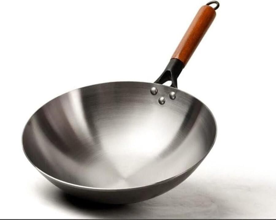 Handgehamerde Roerbakpan Wok Pan Authentiek Koken Ongecoat Puur Ijzer 30-34cm Diameter Zwart